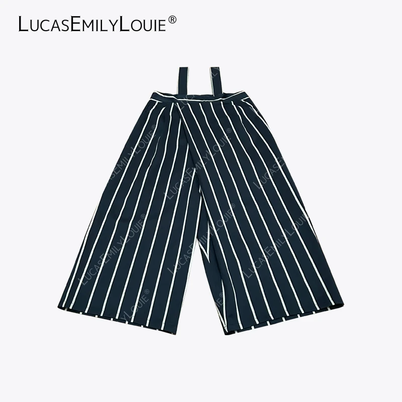LUCASEMILYLOUIE 竖条纹背带阔腿裤棉麻复古宽松休闲裤2510321
