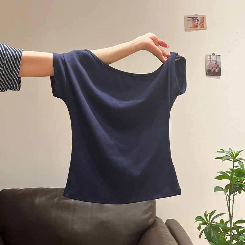 纯欲性感露肩修身短袖T恤女2025夏季新款设计感辣妹斜肩上衣