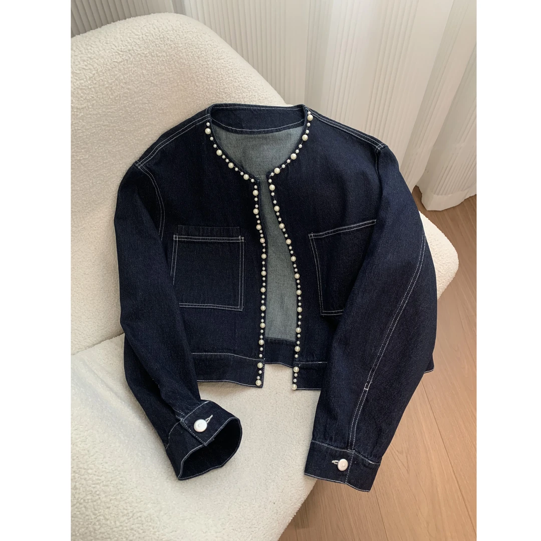 【西西里珍珠】25春夏 不规则珍珠短款深蓝 水洗  牛仔外套