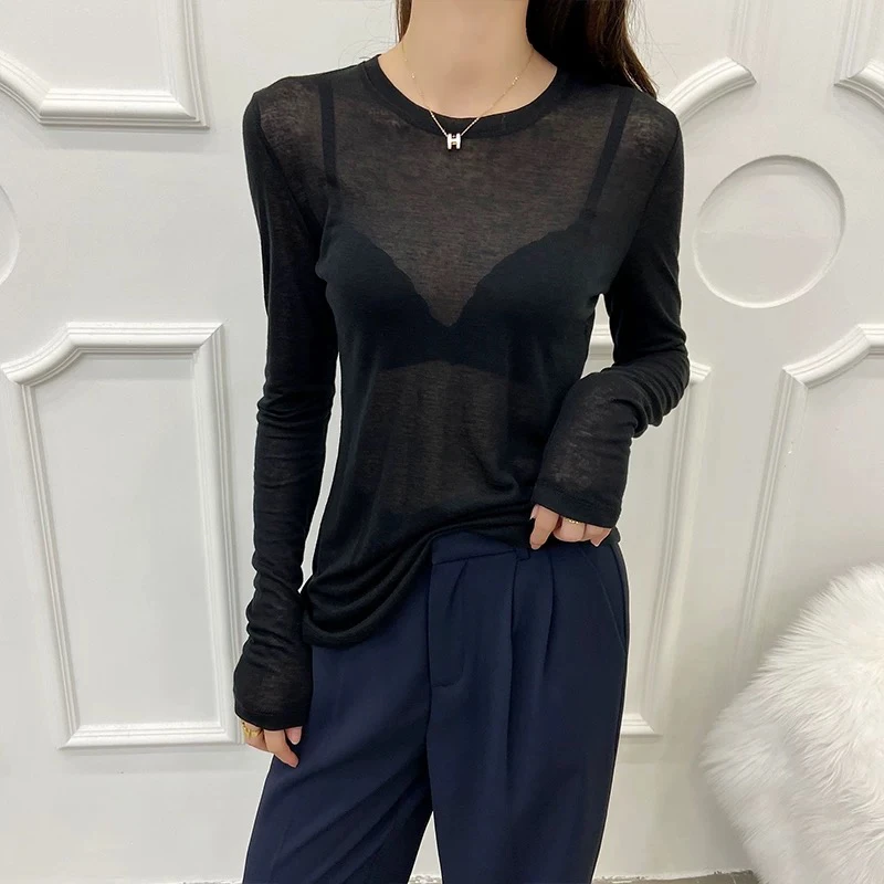 微透性感打底衫女内搭薄款春秋百搭2025新款女士圆领长袖T恤上衣