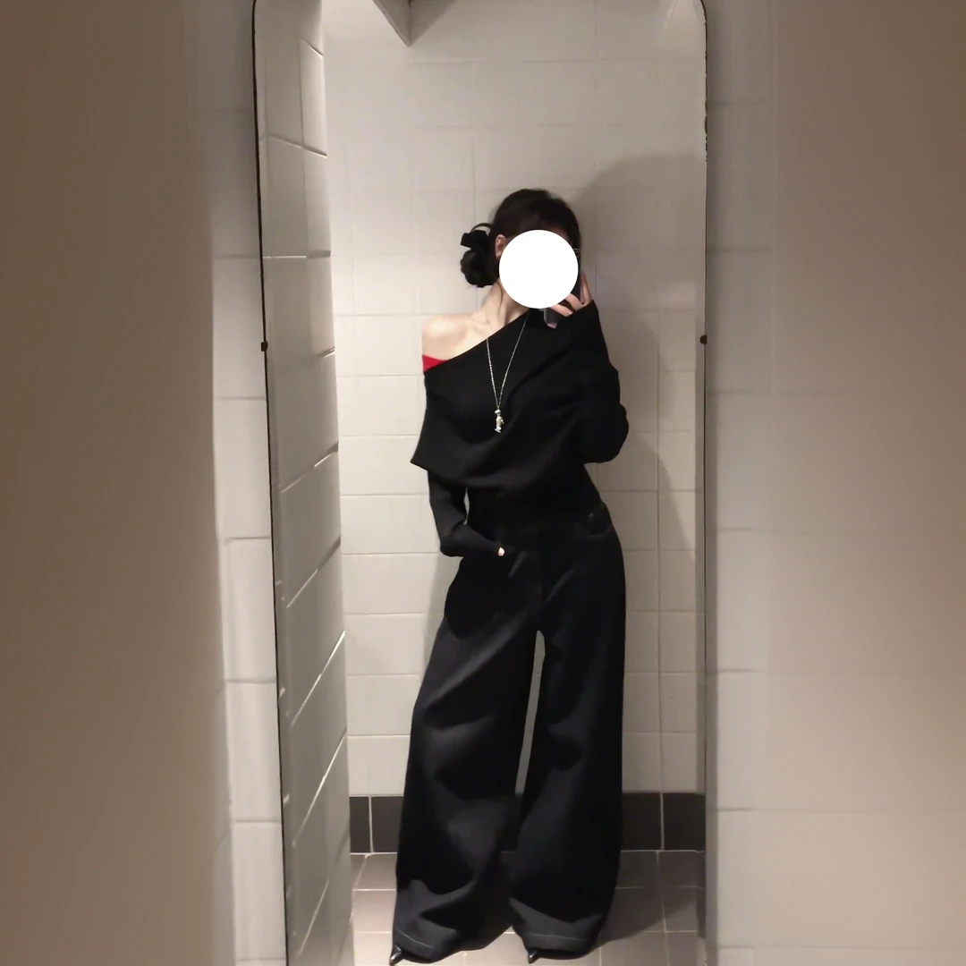 INS CEC纯色一字肩纯欲显瘦舒适针织毛衣气质牛仔裤冬季两件套装