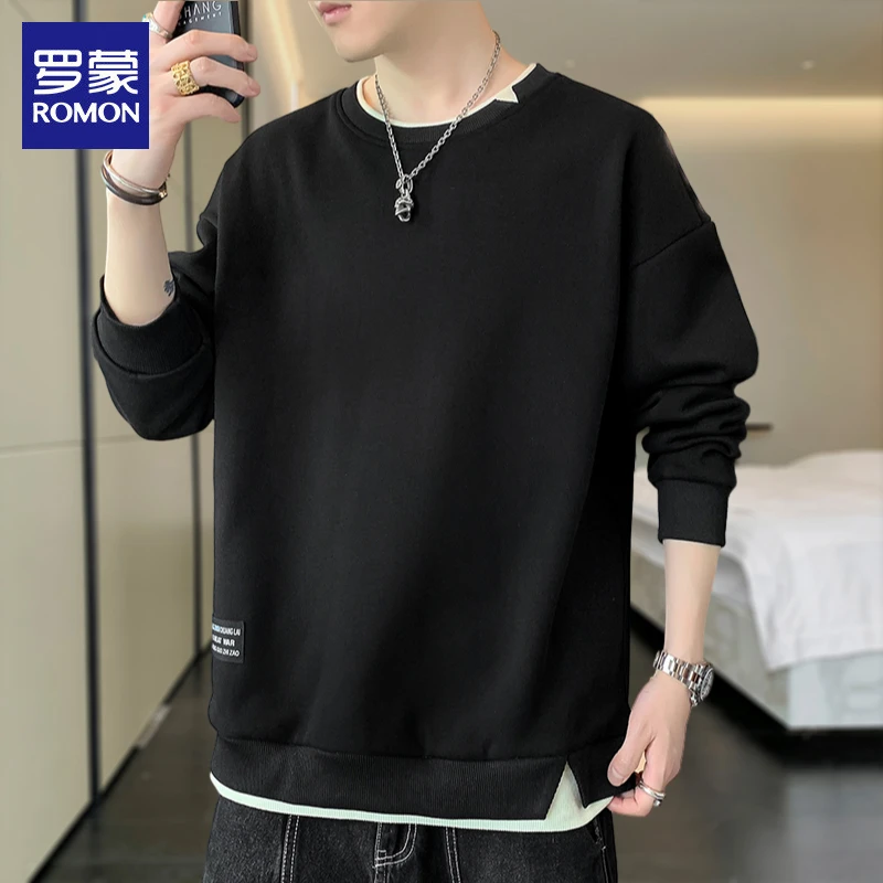 罗蒙男士假两件卫衣秋季新款潮流圆领打底衫休闲慵懒风上衣服男装