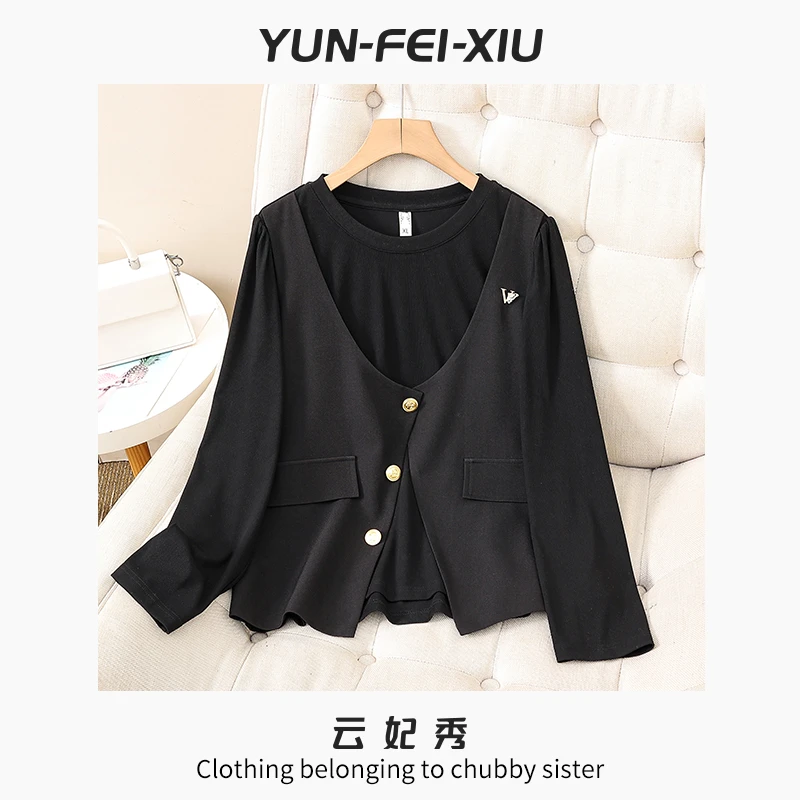 云妃秀大码女装衬衫时尚休闲宽松显瘦微胖假两件上衣百搭秋25052