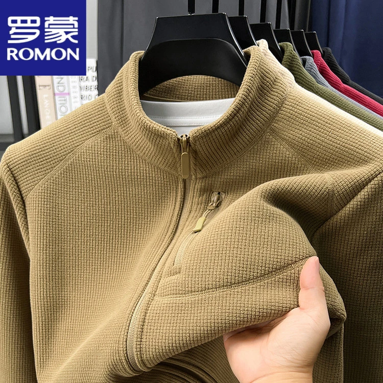罗蒙秋冬季纯色保暖加厚立领抓绒外套上衣秋休闲百搭防寒卫衣夹克