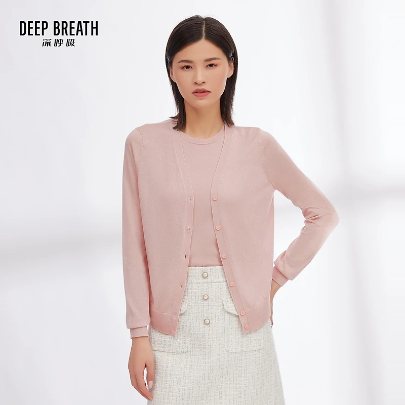 DEEP BREATH深呼吸女装新款纯色开衫三醋酸针织上衣外套A400585