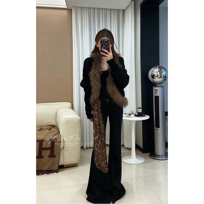 INS CEC气质穿搭一整套女高级感复古毛领针织开衫休闲裤两件套