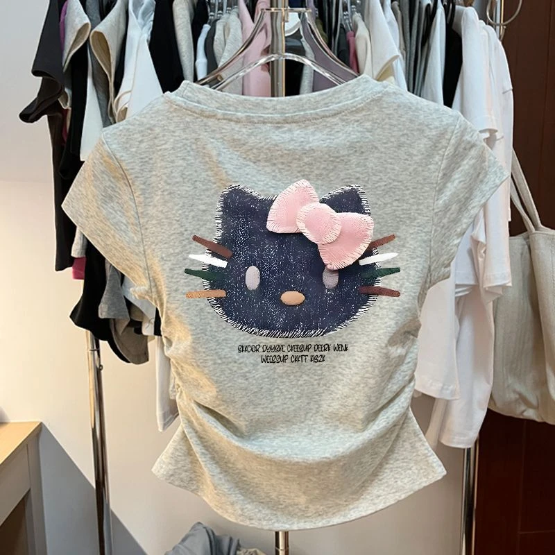 纯棉美式复古kitty小猫褶皱短袖t恤女童2025新款夏季上衣童装夏装