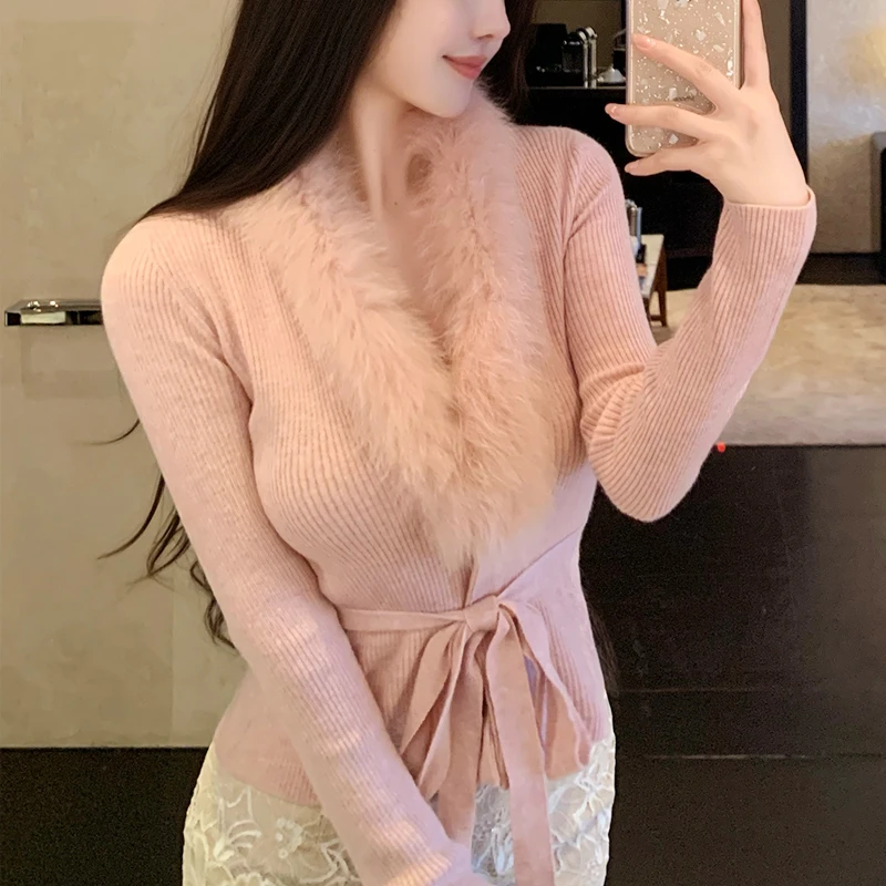 高级感毛针织开衫女秋冬2025新款设计感紧身内搭绑带收腰长袖上衣