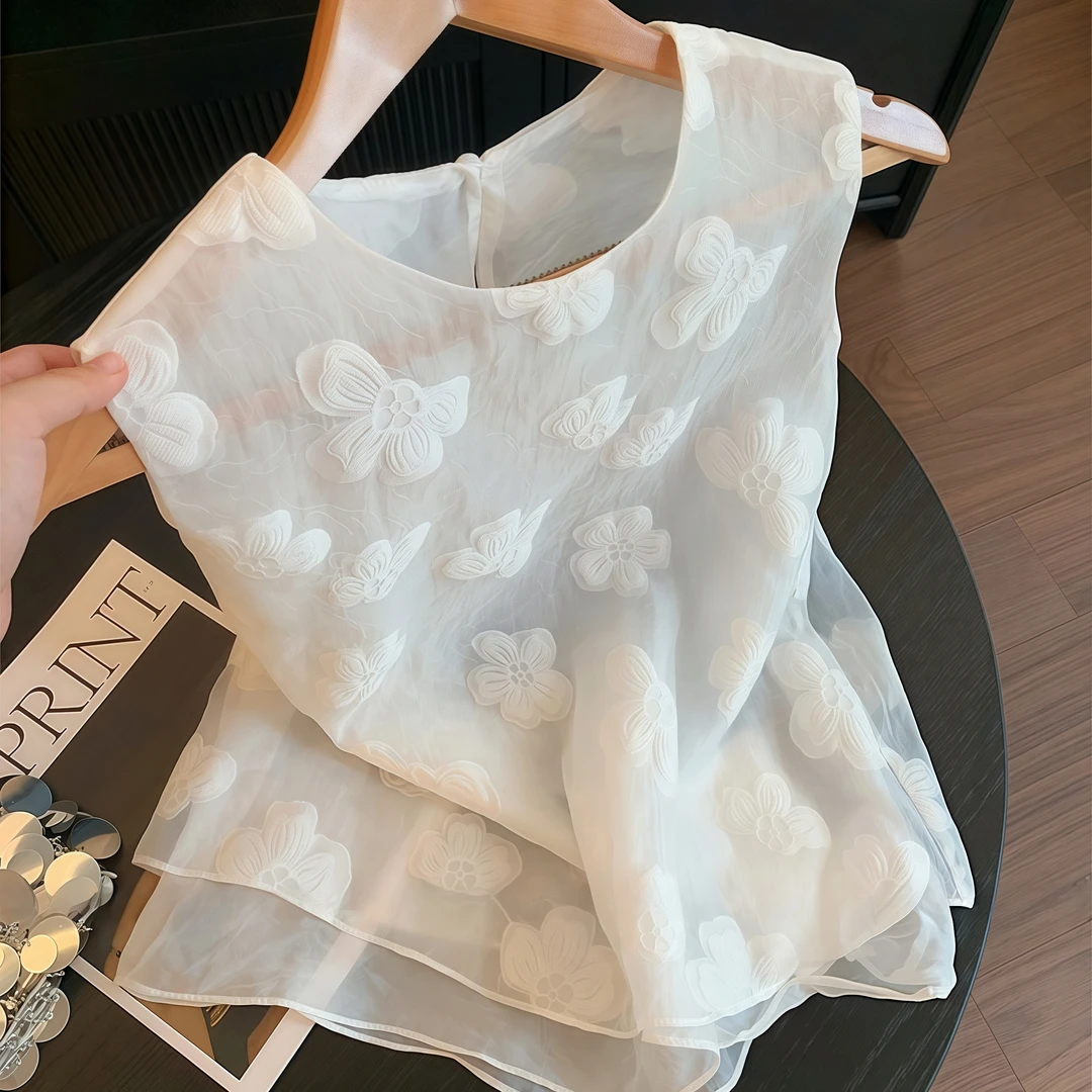 法式高级感立体花无袖2025夏季新款时尚洋气宽松显瘦气质百搭衬衫