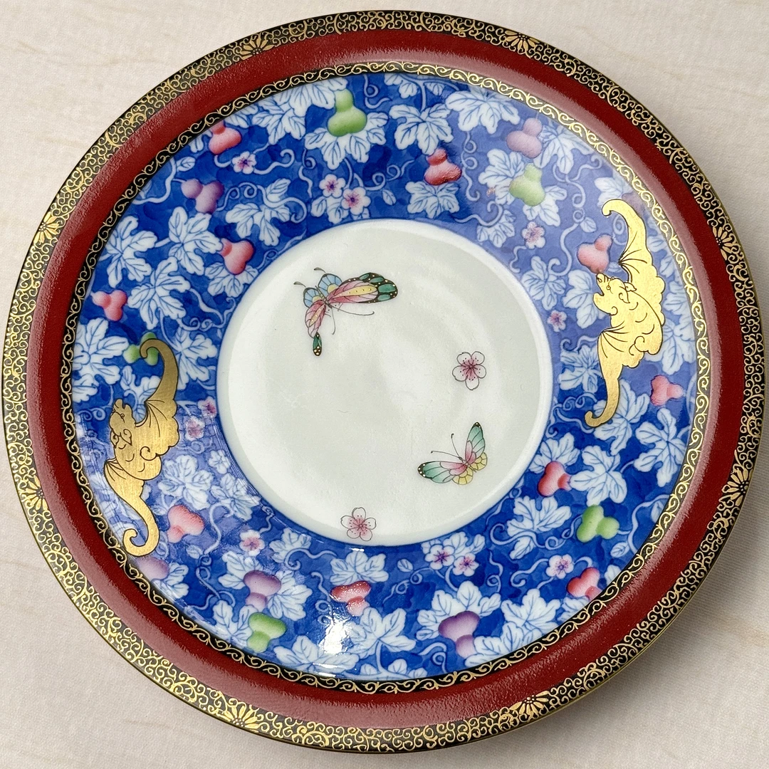 华隐堂·玫瑰红青花葫芦蝙蝠壶承
