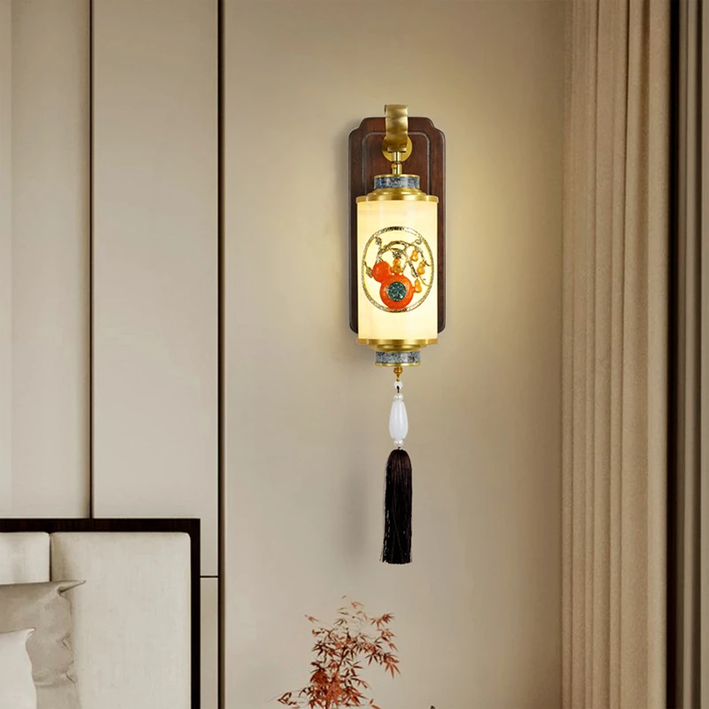 高端大气上档次活动款铜+木+玉石壁灯客厅卧室9013