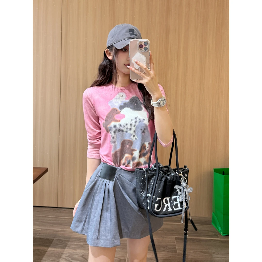 谢荞荞「狗狗聚会」夏季新款小众设计狗狗印花圆领防晒长袖T恤上衣