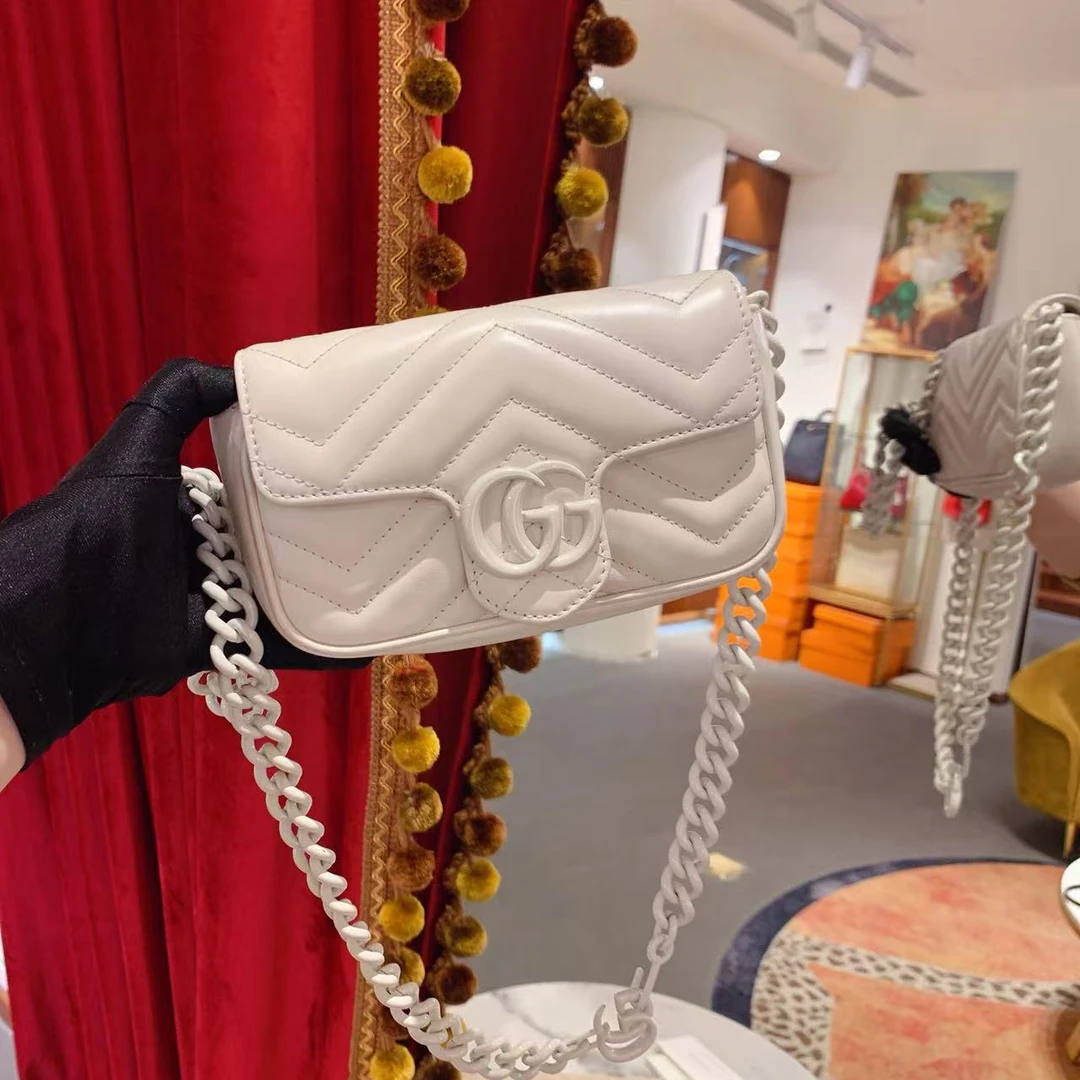 95新 GUCCI/古驰 GGS马蒙supermini白色白扣牛皮18207870