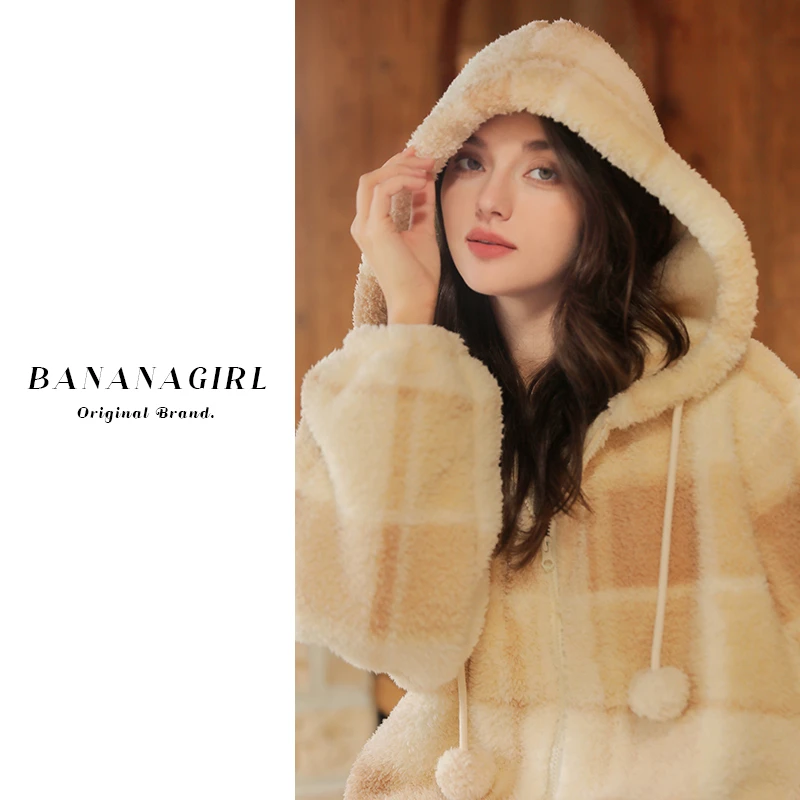 Bananagirl睡衣秋冬女宽松保暖大码长袖加绒加厚连帽外套家居服