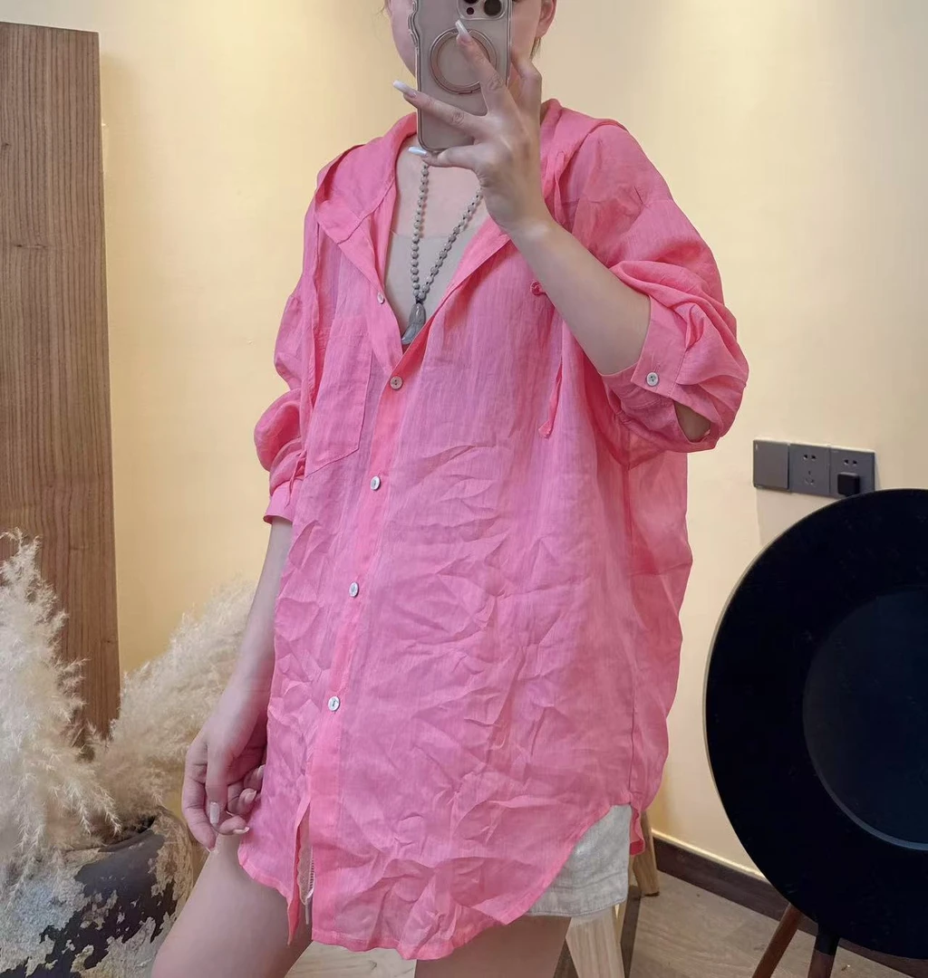 2025夏季纯苎麻连帽中长防晒衣龟背捏褶衬衣式上衣6288