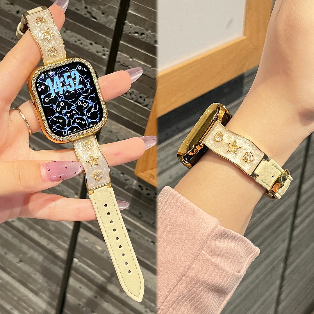 适用苹果手表s10表带s11鎏金滴胶AppleWatch S9皮质XL女秋冬腕带