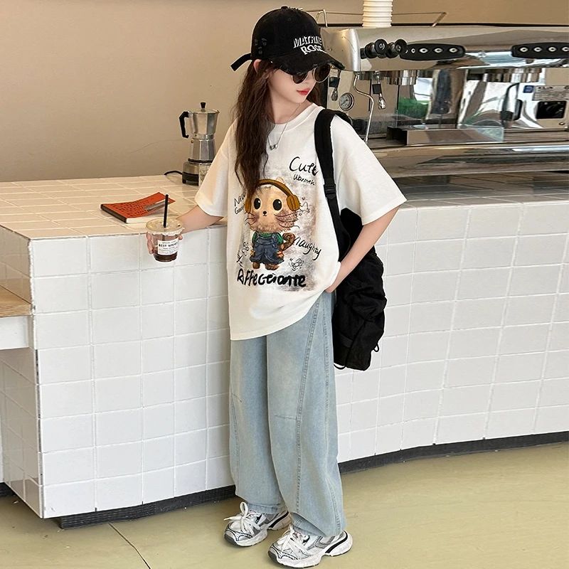 女童夏季短袖套装2025新款儿童纯棉休闲夏款百搭牛仔裤套装两件套