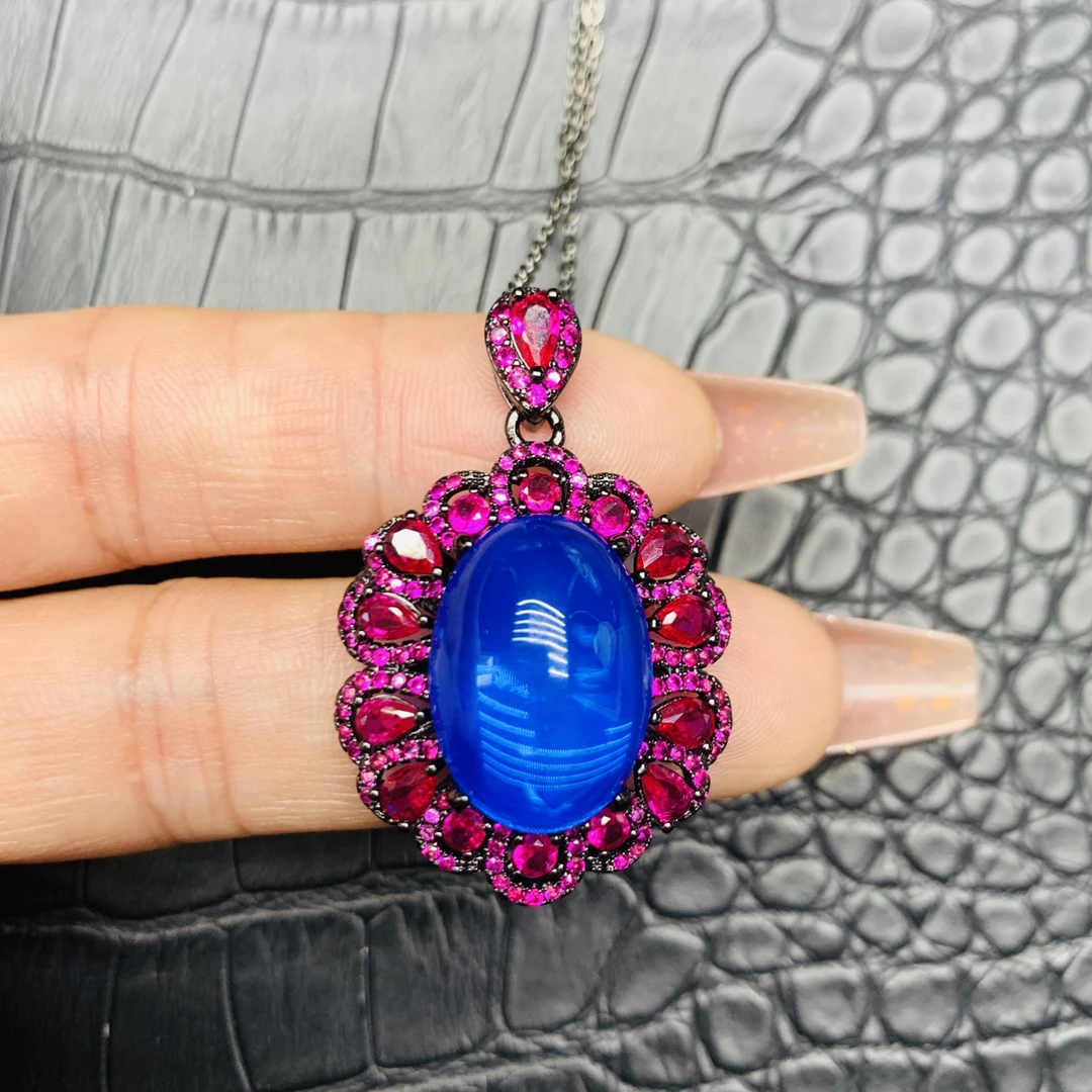 培育蓝宝石轻奢星光蓝色拼色吊坠带链子1167