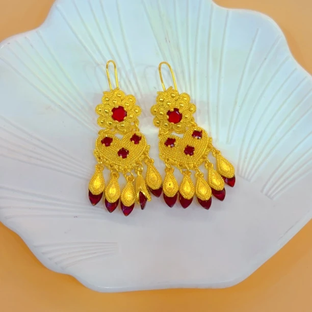 铜合金亚克力耳饰 铜合金金色孔雀开屏长款复古宫廷民族风耳饰女