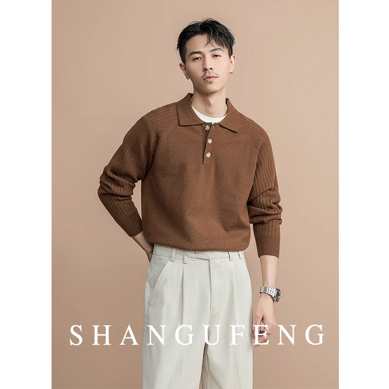SHANGUFENG复古老钱舒适百搭插肩翻领毛衣男士舒适长袖针织毛衣男