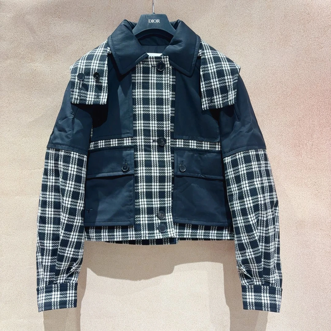 99新 DIOR/迪奥  蔚蓝/工装风黑白格拼接棉服夹克外套/34码