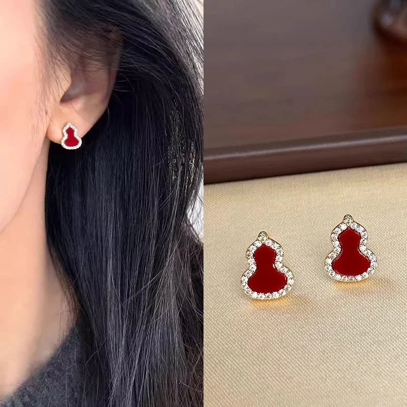 合金耳饰 安可拉红葫芦耳钉女2025新款爆款大气过年日常百搭耳饰