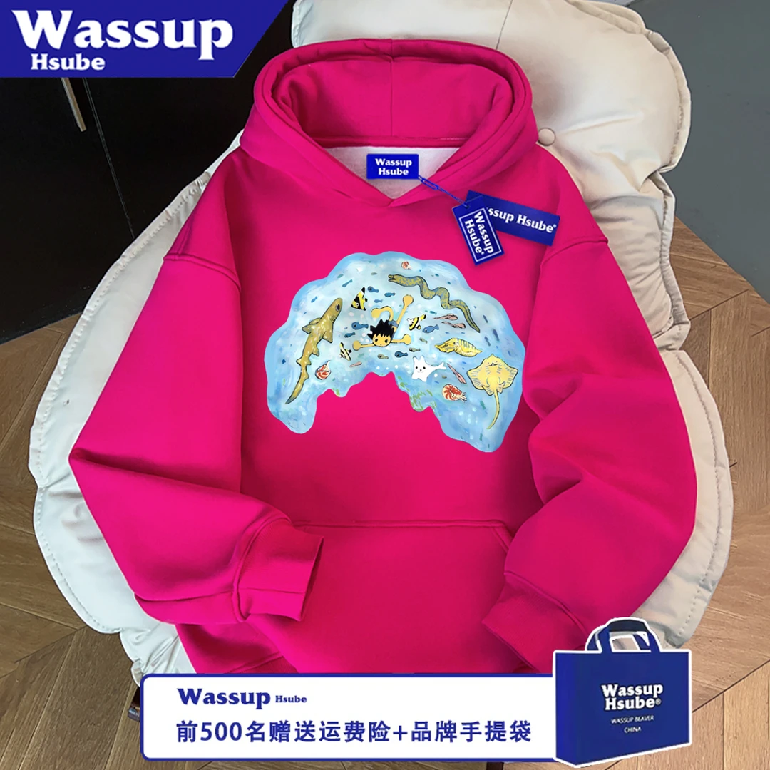 WASSUP HSUBE潮流宽松秋冬美丽海洋世界印花休闲长袖卫衣情侣上衣