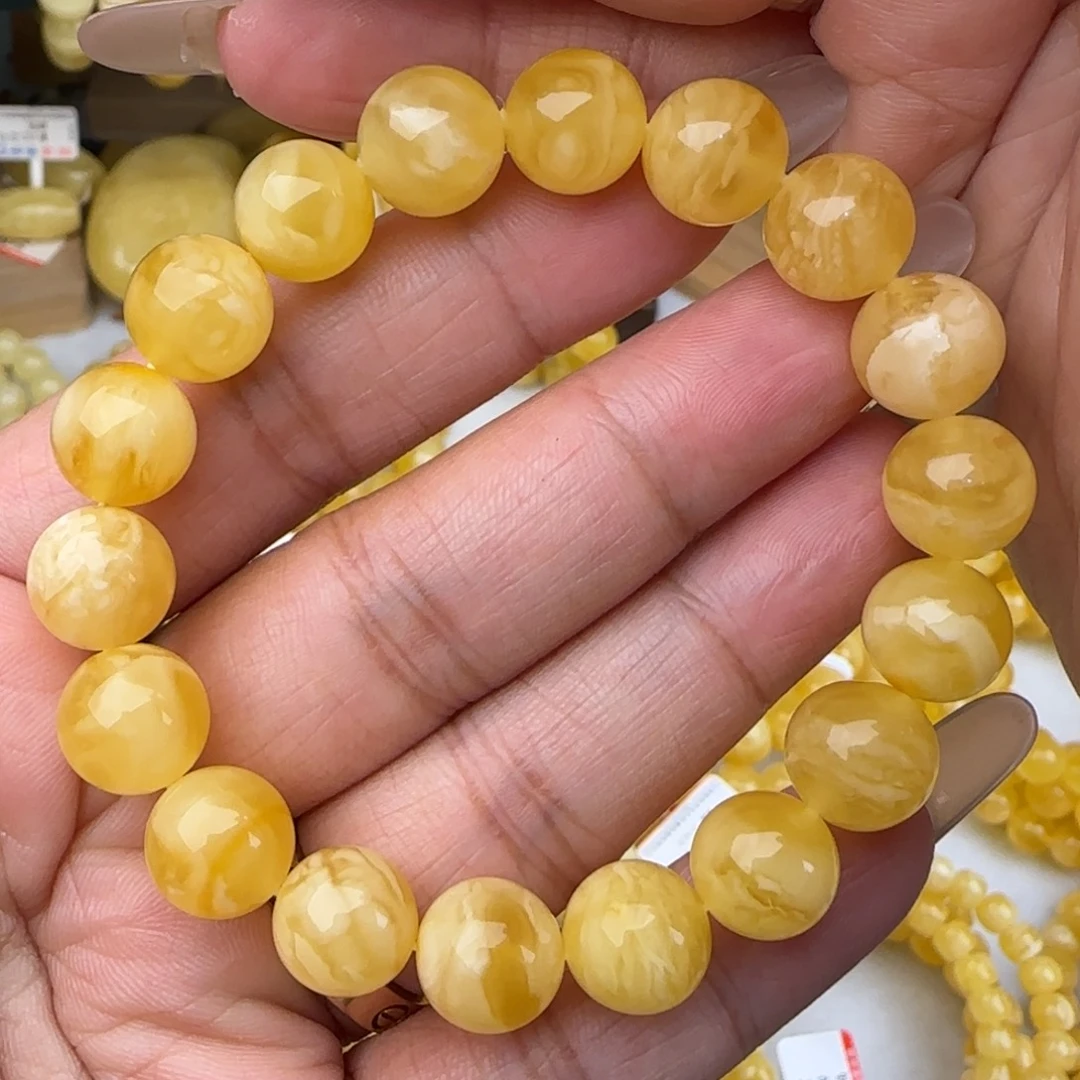 蜜蜡未镶嵌手链鸡油黄妖花圆珠手串