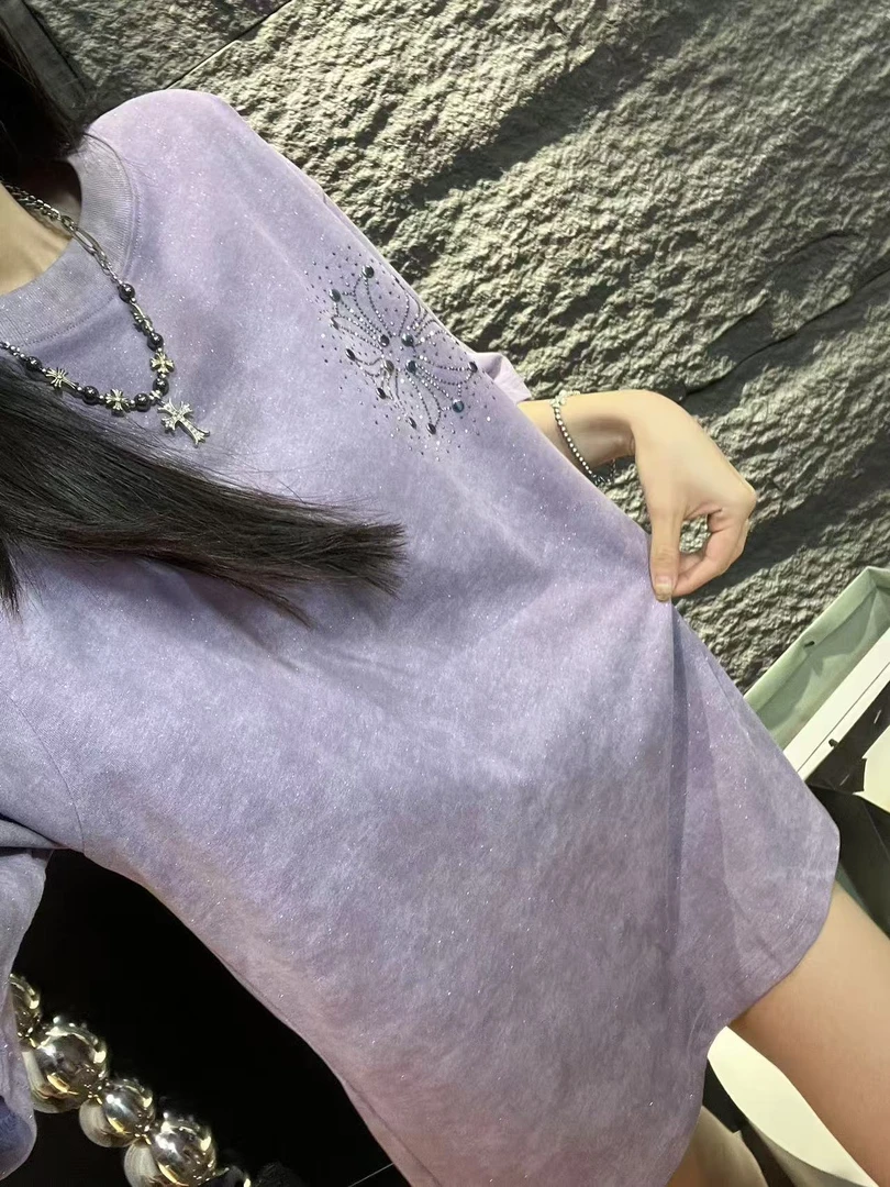 【杨娇娇COCO】春夏新款散粉满天星啵啵紫烫钻短袖T恤情侣款上衣