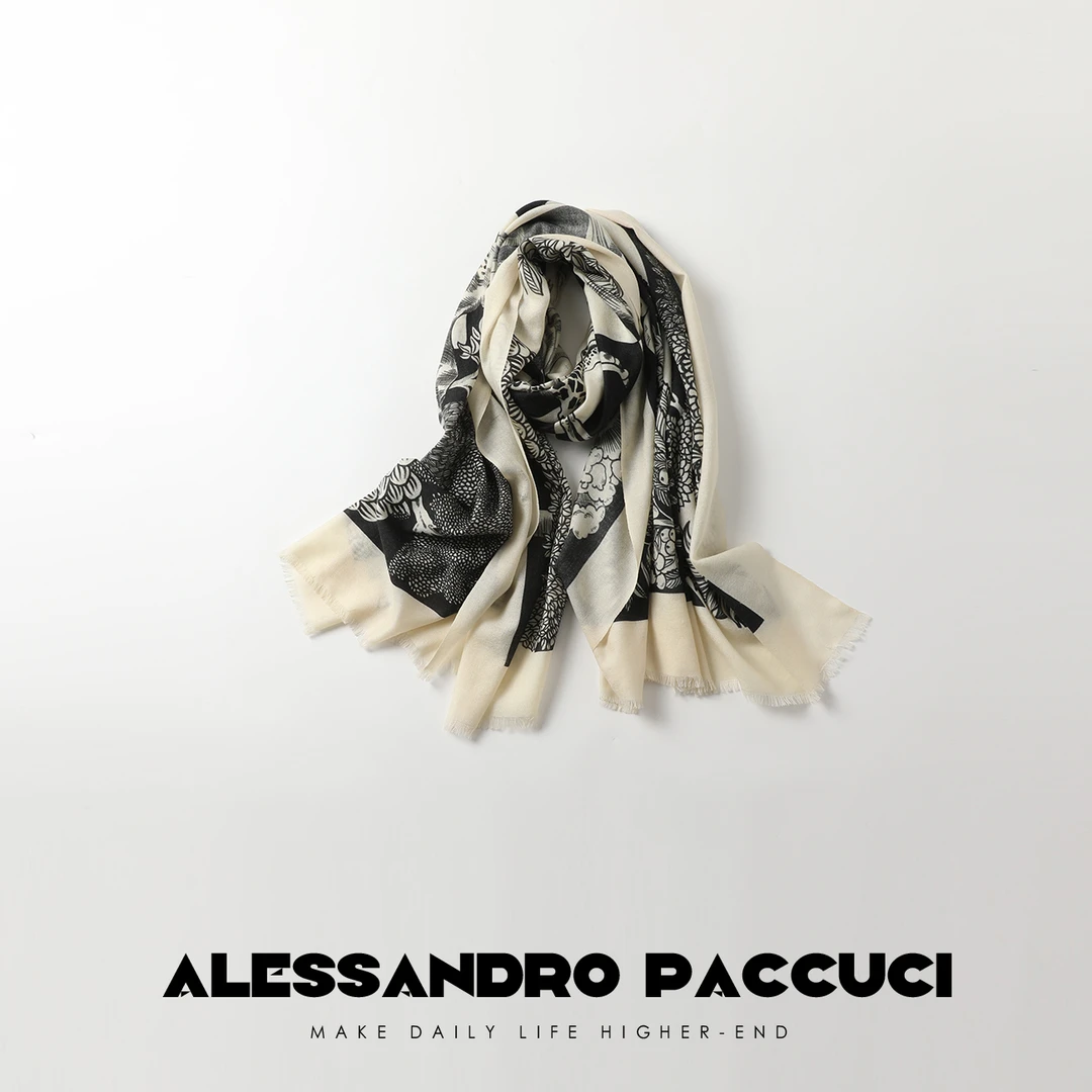 AP洛哥43050AS【动物格】高支100羊毛黑白动物森林数码印花丝巾