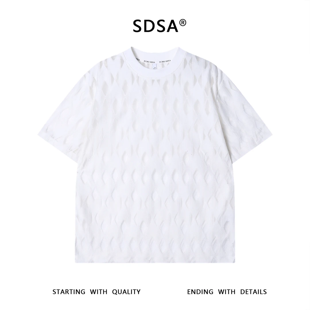 夏季高级感新款美式潮牌网纱镂空圆领短袖T恤嘻哈百搭宽松上衣