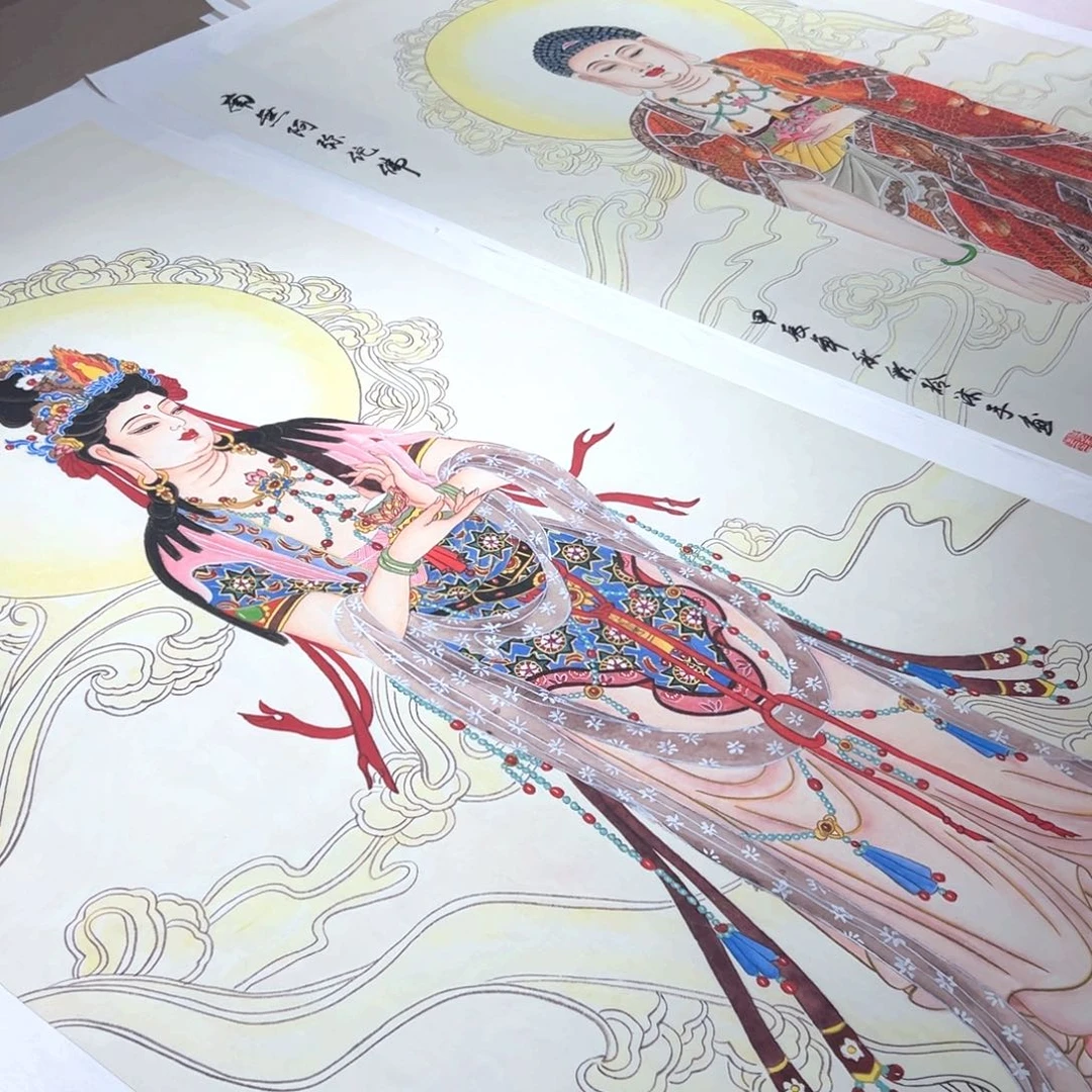 江***锅国画彩铃老师大势至菩萨，阿弥陀佛作品