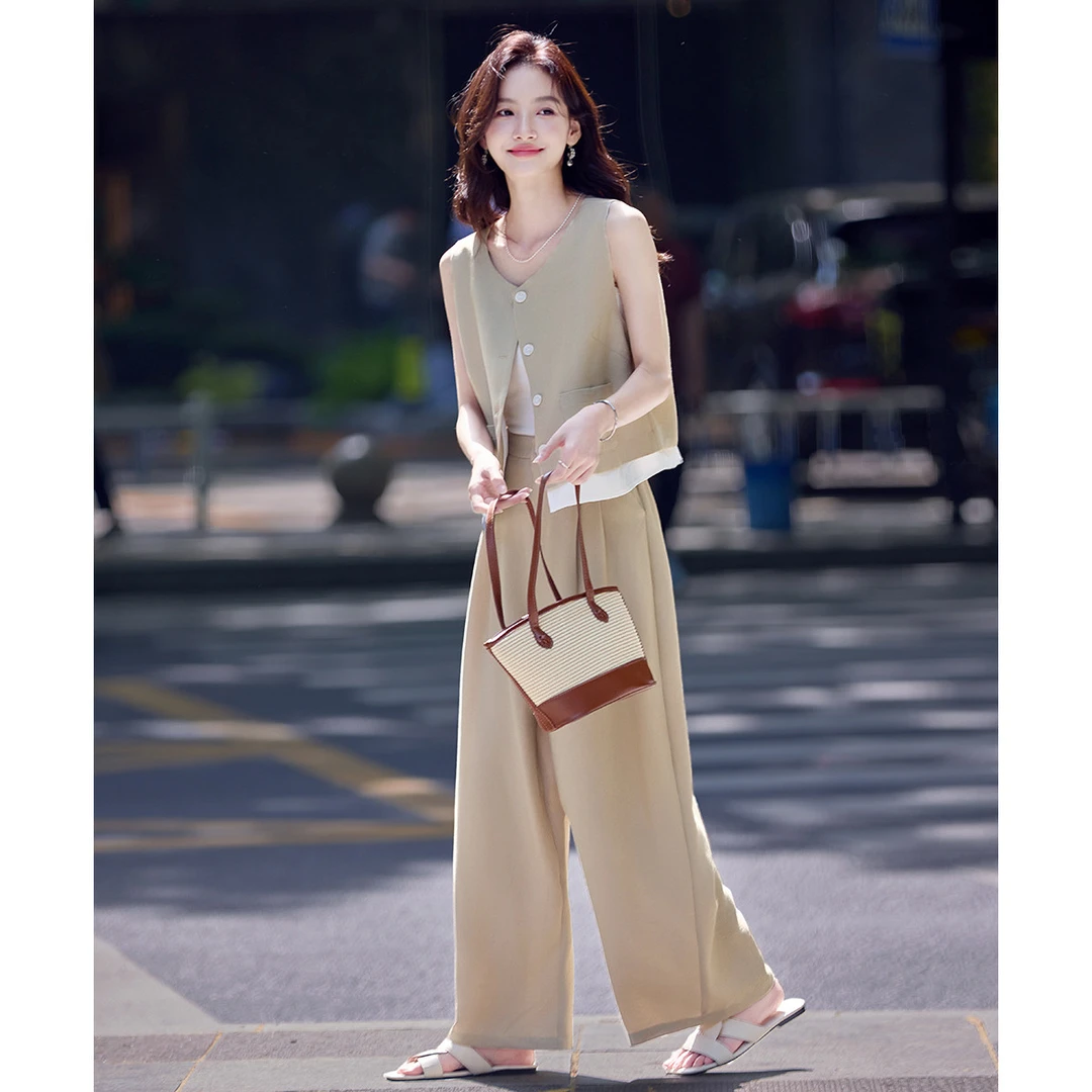 尚静通勤轻职风套装裤女2025夏季新款假两件马夹高腰休闲裤阔腿裤