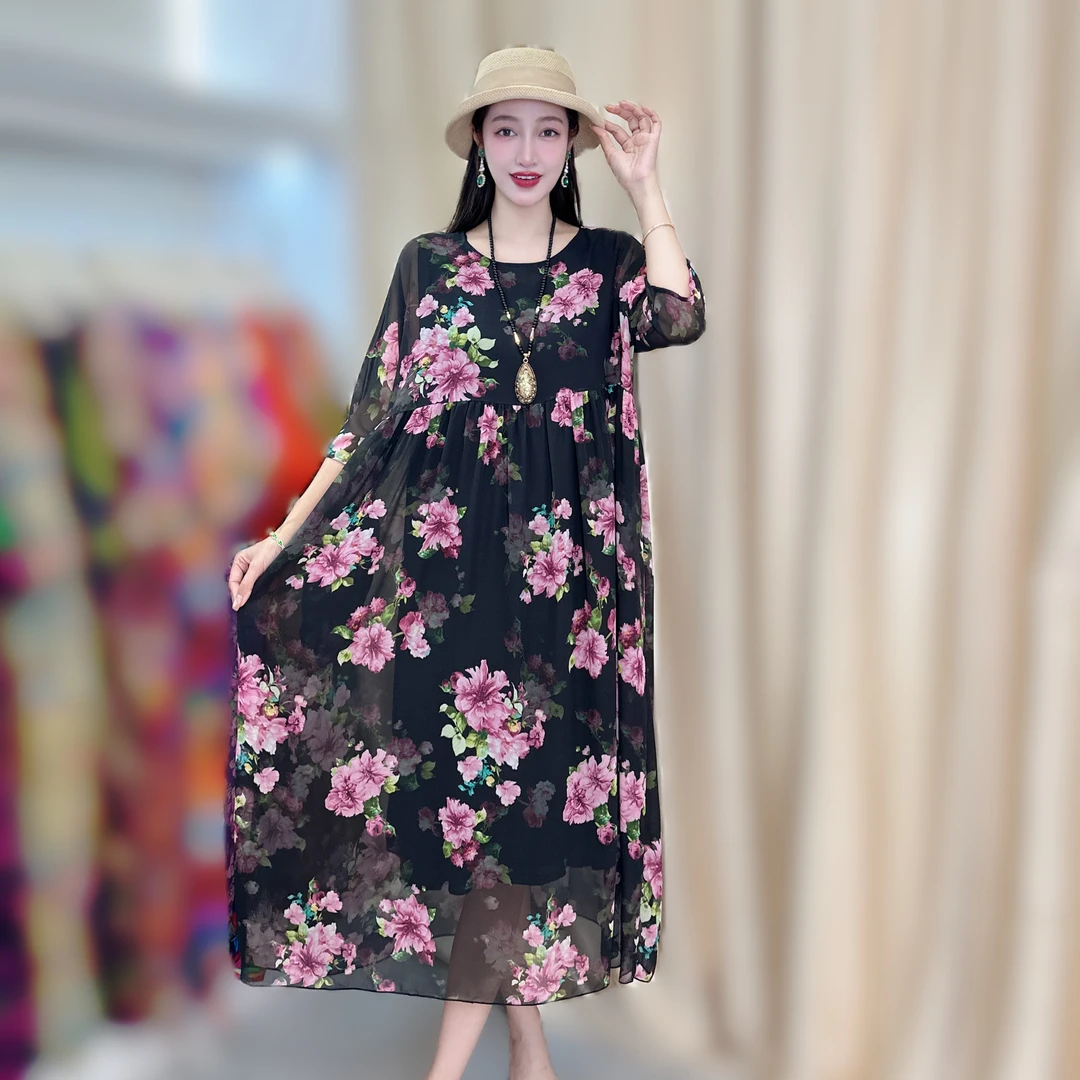 【秘密花园】2025夏季宽松腰长裙连衣裙气质显瘦裙子宽松连衣裙