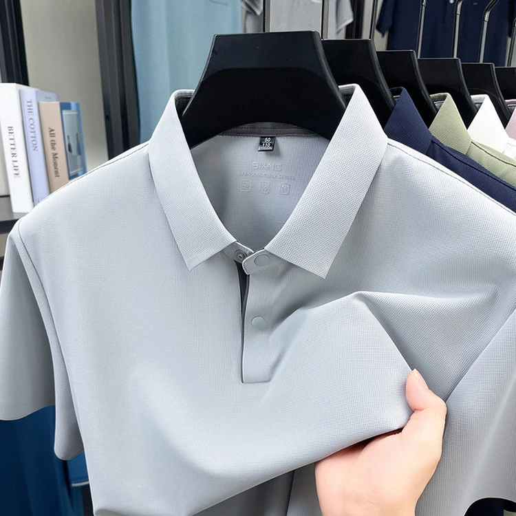 夏季新款男士冰丝短袖polo衫华夫格冰感翻领T恤高弹商务休闲t恤