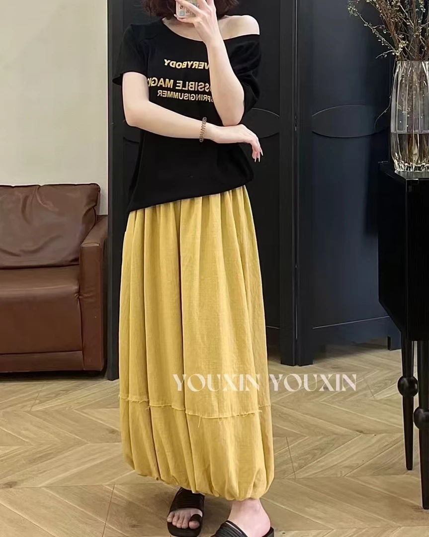 2025新款韩版时尚百搭黑色花苞裙灯笼裙宽松设计春夏新款两件套