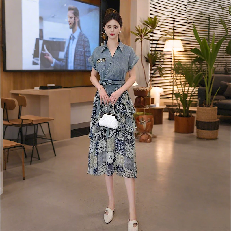 欧洲站新款气质设计感时尚拼接荷叶边假两件休闲碎花牛仔长连衣裙