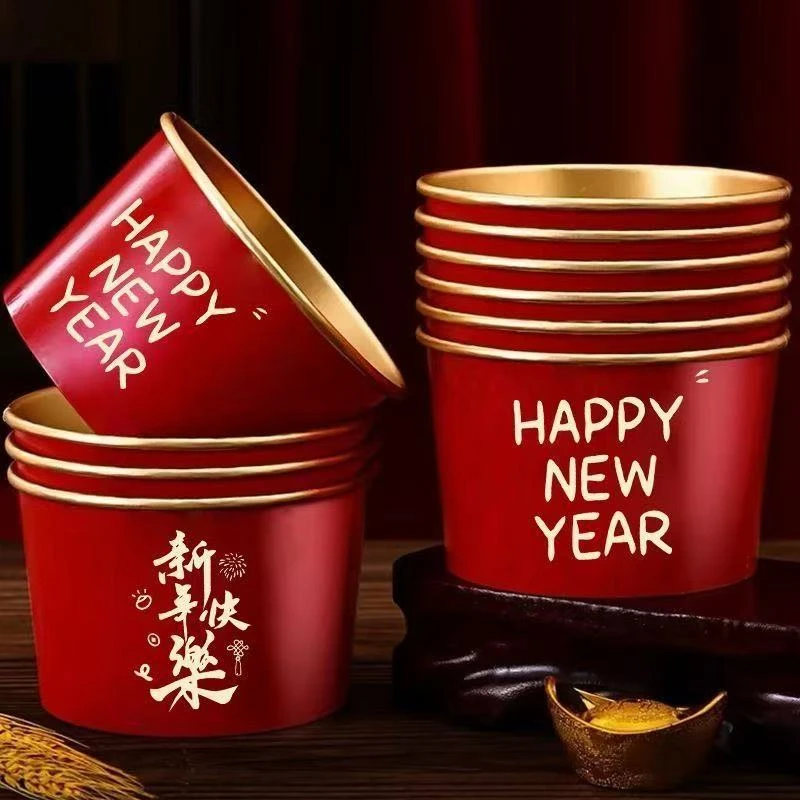 2025新年金箔纸碗一次性餐盒碗筷打包盒家用商用红色蛇年春节整箱