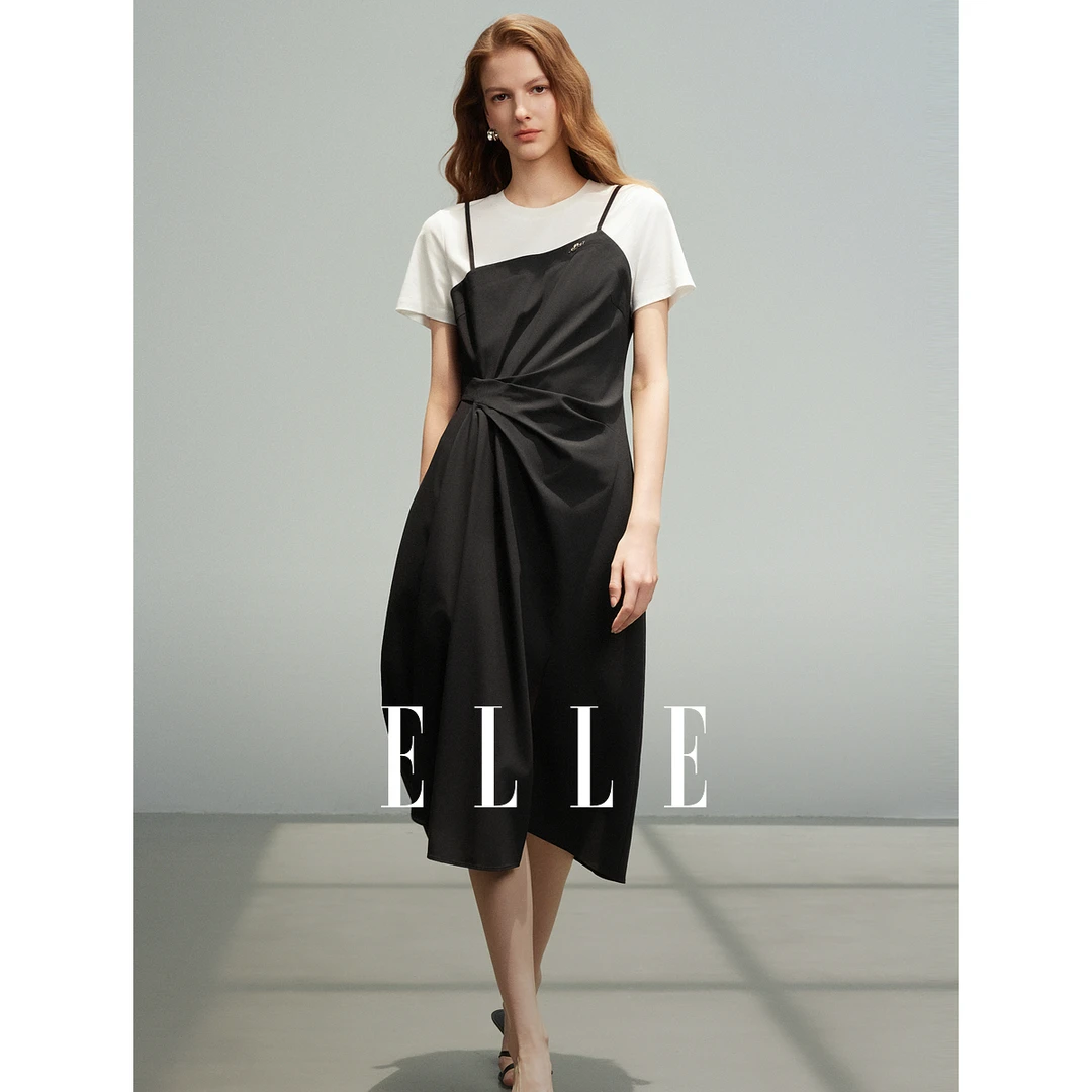 ELLE假两件褶皱收腰连衣裙女2025夏季新款时髦设计感EL52163