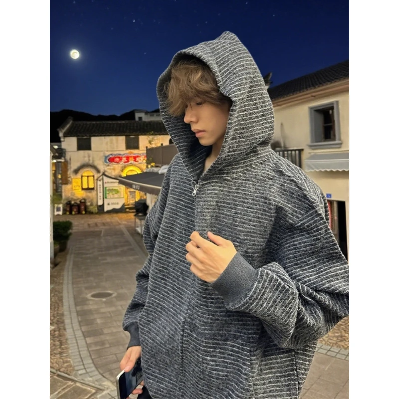 美式慵懒风条纹外套男款秋季高级感连帽开衫卫衣cleanfit穿搭上衣