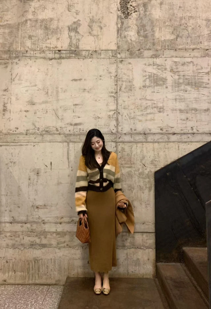 2025秋季新款韩系V领撞色条纹针织开衫外套气质百搭半身裙两件套