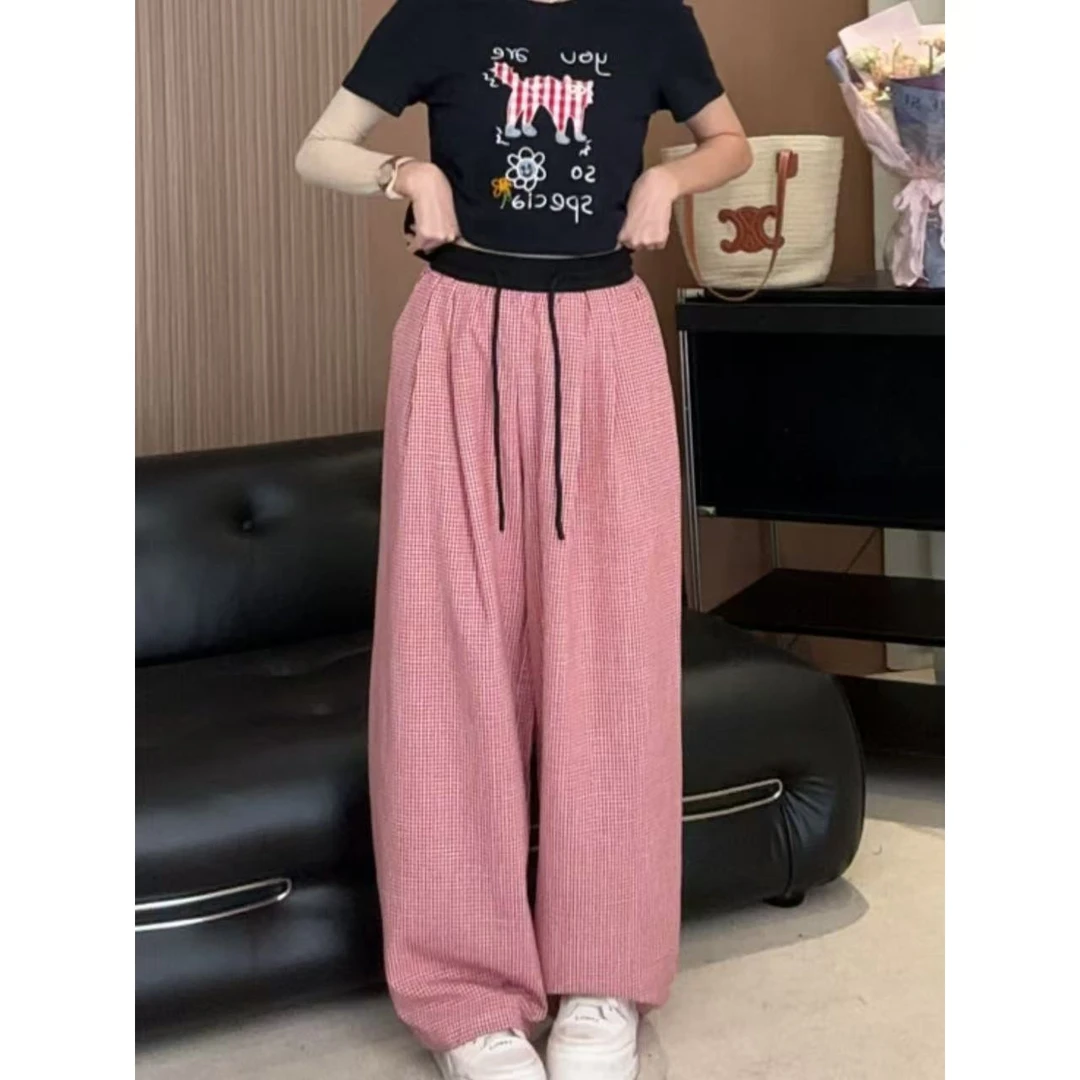 玲子 · 红白格子夏季新款长裤百搭时尚显瘦直筒宽松休闲裤子K037