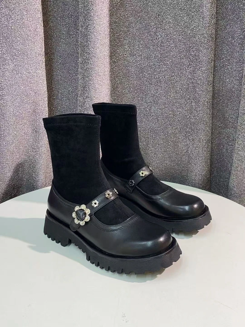 C1943  黑色绒里  时尚弹力靴粗跟圆头女中筒靴