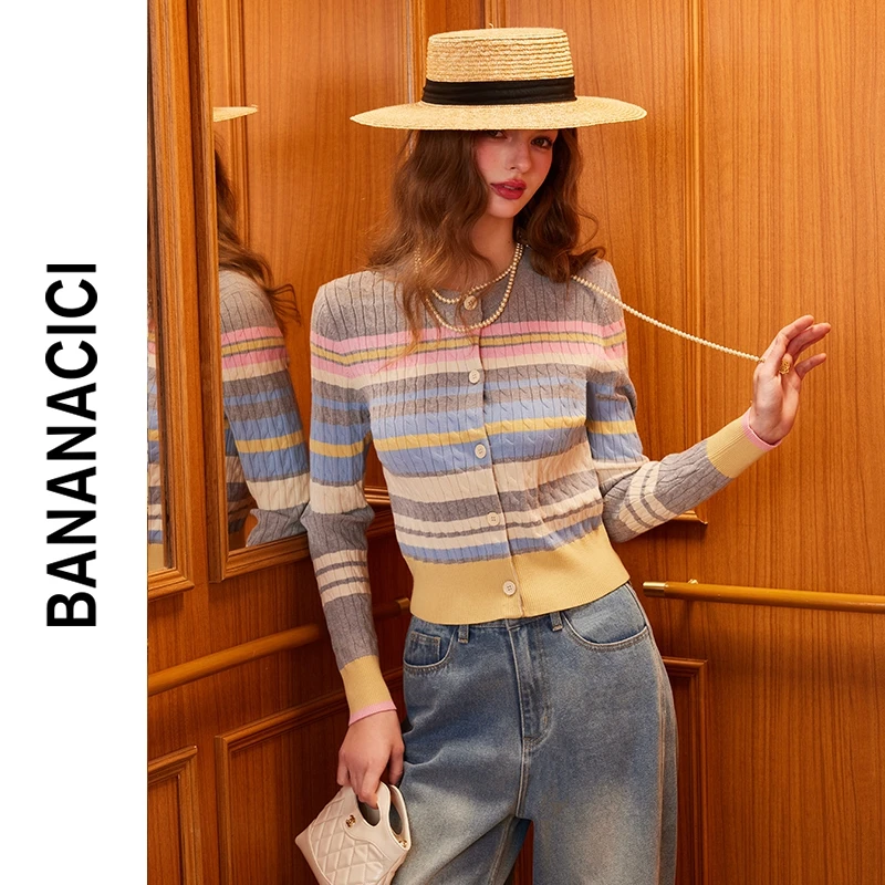 BANANA CICI2025年春季新款复古多巴胺条纹麻花长袖针织开衫外套