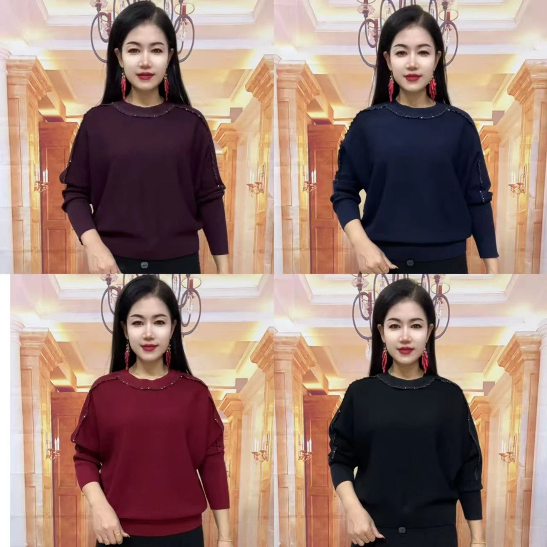 秋冬时尚爆款洋气圆领菲边长袖女款针织焦麻衫（3966#）