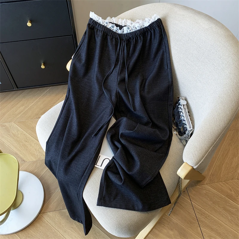 蕾丝拼接抽绳松紧腰休闲裤女春季款慵懒风直筒阔腿裤小个子拖地裤
