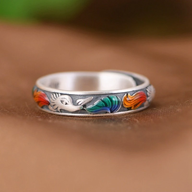 足银戒指 文艺小巧滴胶设计复古开口银狐狸指环J566