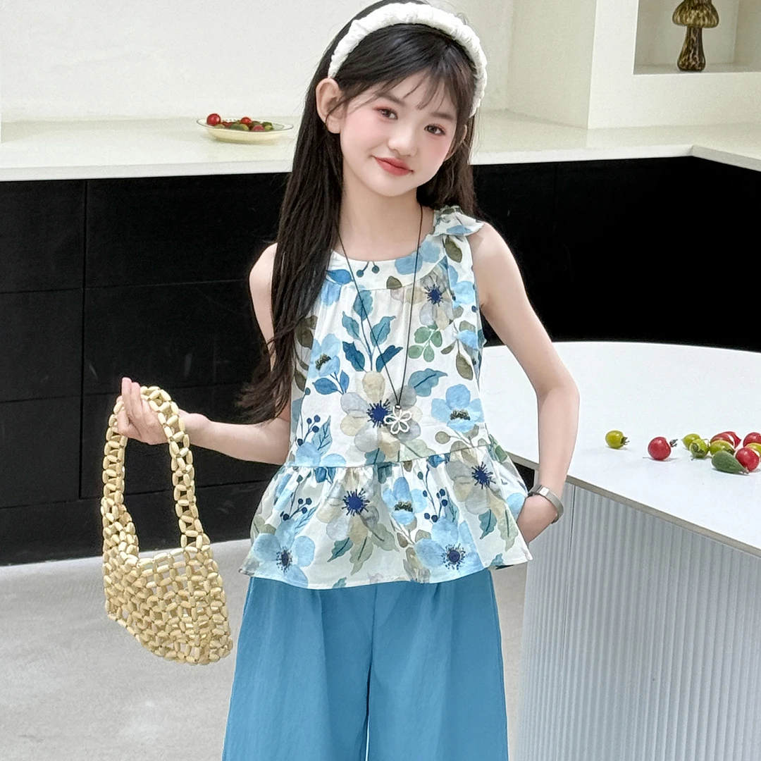 女童夏季套装2025新款洋气大童碎花无袖上衣夏款阔腿裤休闲两件套