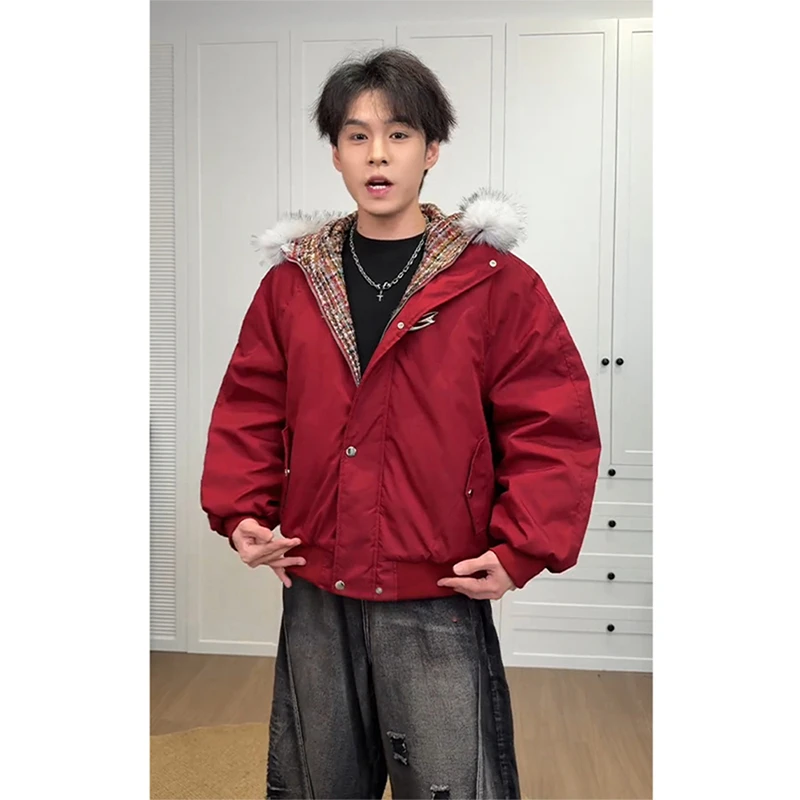 酒红色短宽毛领连帽棉服男冬季美式座山雕加厚棉衣防寒保暖派克服