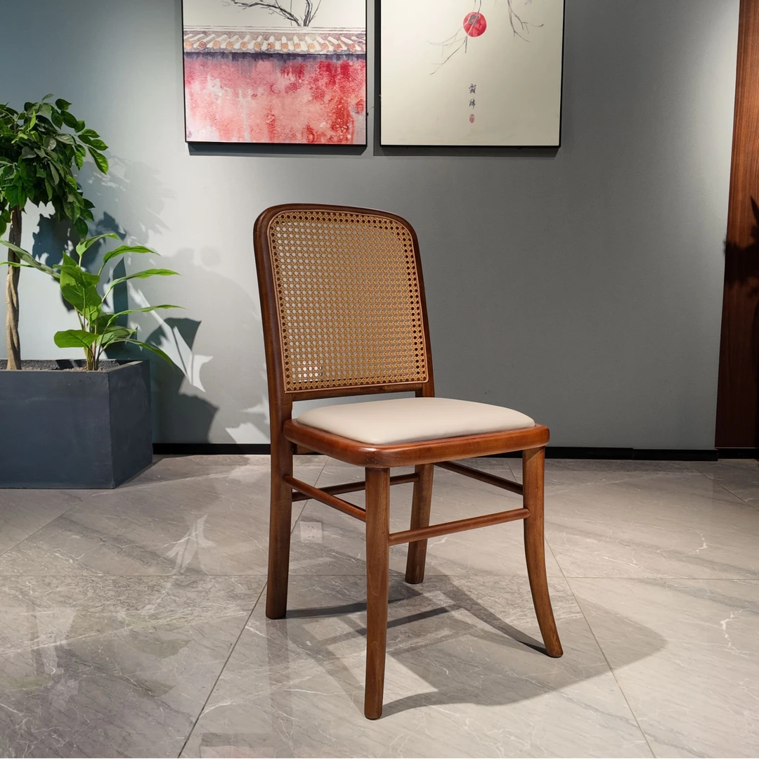 北欧实木复古藤编椅子酒店靠背简庭院藤椅新中式家用简约意式餐椅